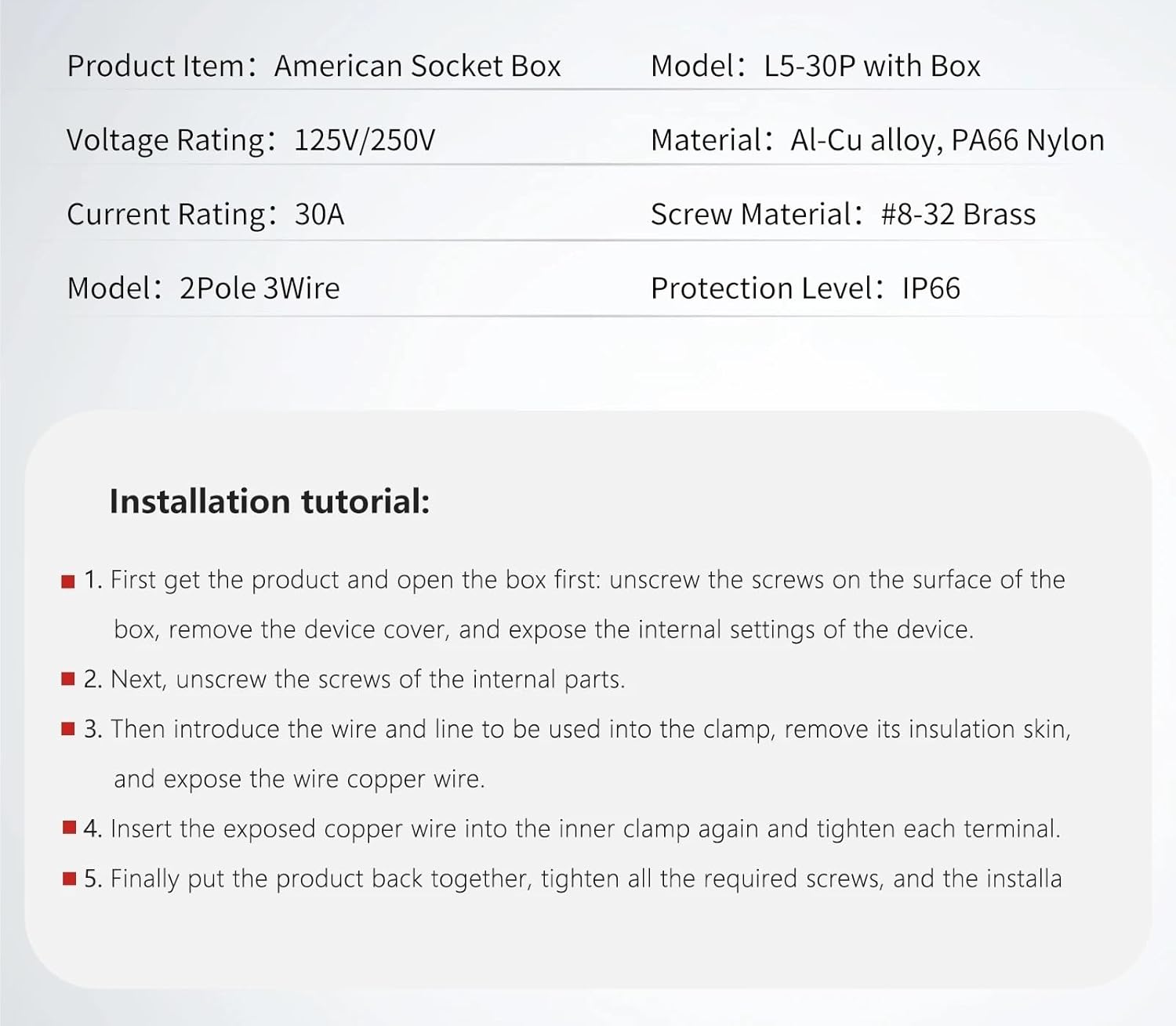 MODBAND 1pcs US/American 30Amp Power Inlet Box, 125/250 Volt Nema L5-30P Plug Outdoor dustproof and Weatherproof for Generators.