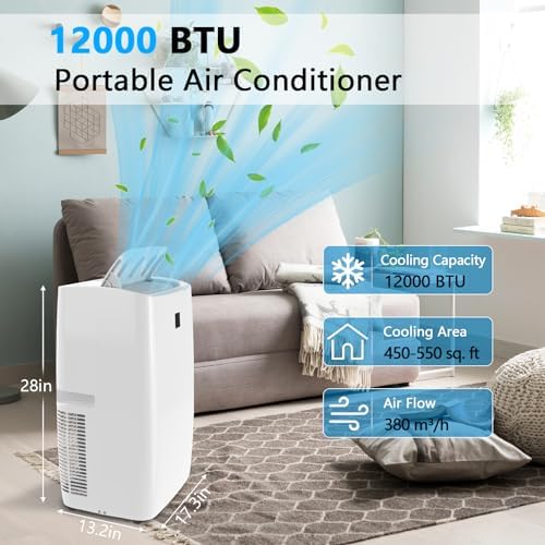 12,000 BTU Portable Air Conditioners, AC Portable Unit Cools up to 550 Sq.Ft,Room Air Conditioner with Remote Control,Dehumidifier & Fan, 3-in-1 Floor Standing Air Conditioner