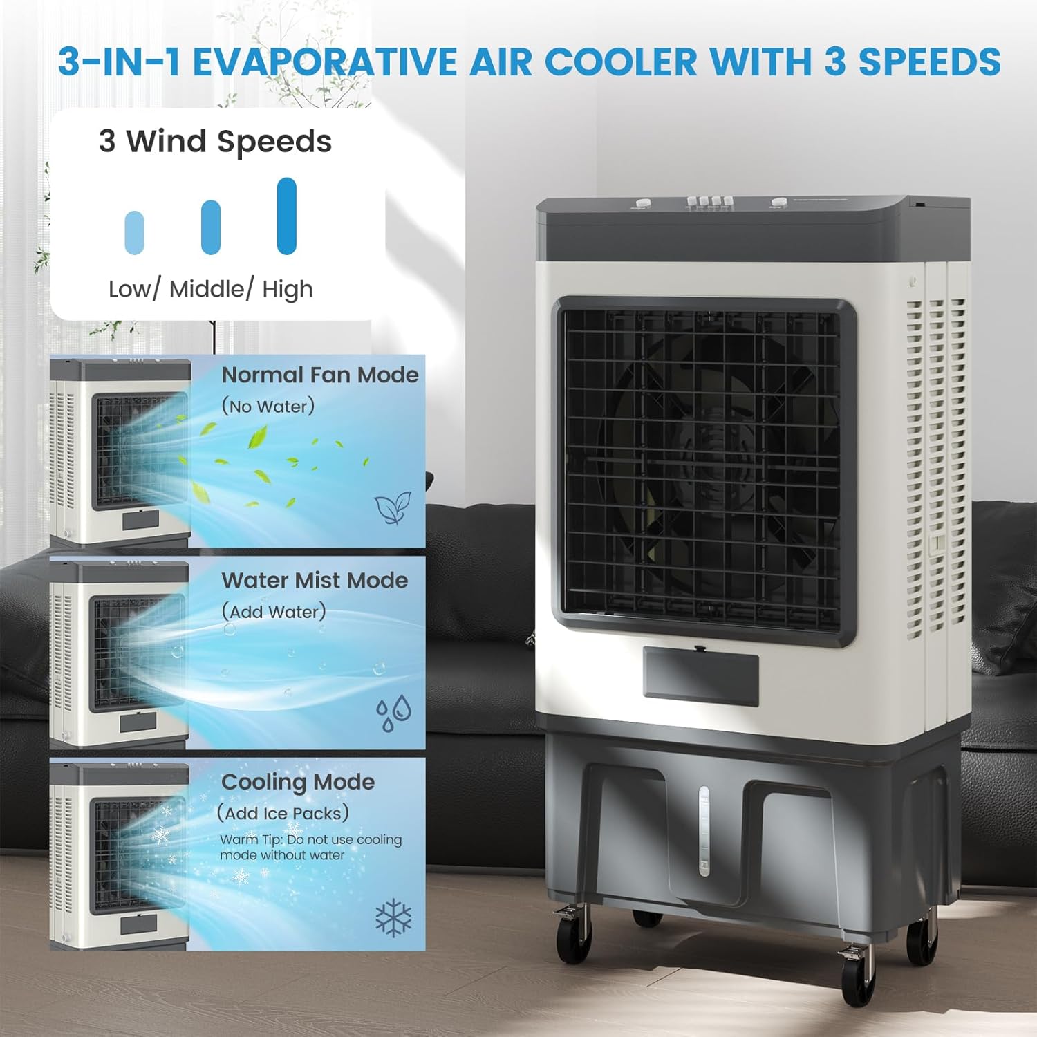 Zynkez 19Gal Large Swamp Cooler, 6500 CFM Evaporative Air Cooler for Outdoor with 3-Speed, 8 Ice Packs, 120° Oscillating Portable Swamp Cooler Air Conditioner for Garage, Patio, Yard, Factory