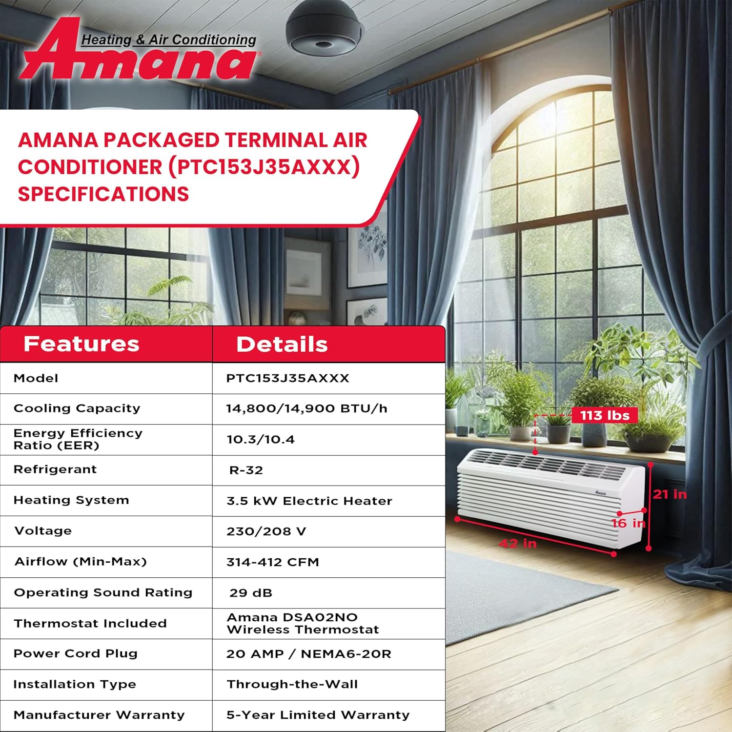 AMANA PTAC 15,000 BTU Air Conditioner Heat Pump PTH153K35AXXX with 3.5 kW Heater 20 Amp plug, White