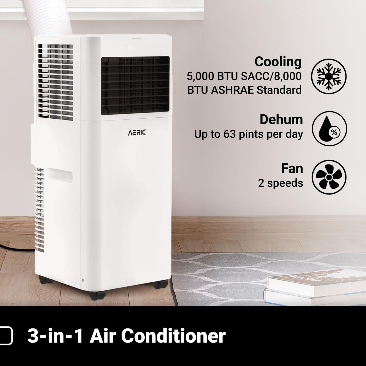 Aeric 5,000 BTU Portable Air Conditioner with 63-Pint Dehumidifier, 115V, Floor AC Unit with Remote, Washable Filter, Caster Wheels, Venting Kit & Timer for Rooms Up To 400 Sq. Ft in White