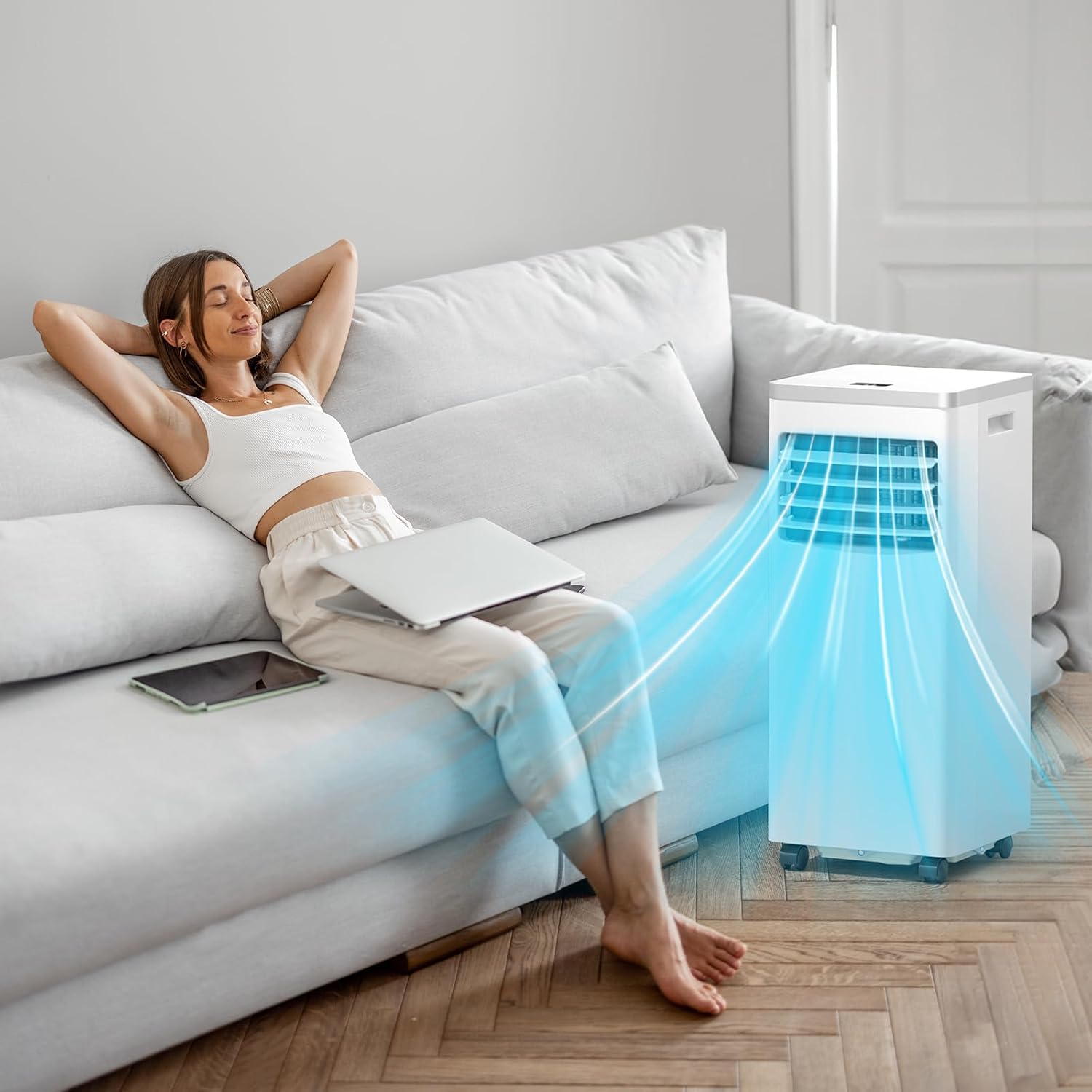 ZAFRO Portable Air Conditioner 8000 BTU (ASHRAE) Cools up to 350 Sq. Ft., Remote Control, LED Display, 4-in-1 Modes Portable AC Unit with Window Kits for Bedroom, Home, Dorm, Office, White