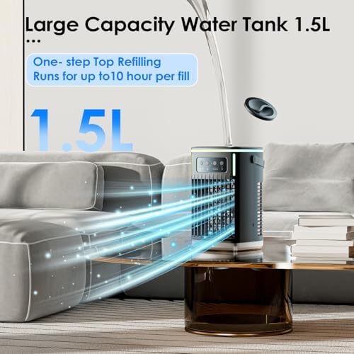 Portable Air Conditioners,Air Cooler Evaporative Personal,1500ML Cooling fan Air Conditioner with Remote,3 Wind Speed & 7 LED Light,3 Cool Mist& 2-8H Timer, Portable for Room Office Camping