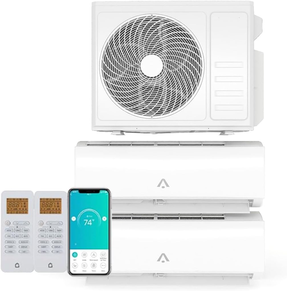 24000 BTU Dual Zone Mini Split Air Conditioner, 20 SEER2 208-230V 12000 BTU + 12000 BTU Wifi Enabled Multi Zone Ductless Mini Split AC Heating System, Heat Cools up to 750 sq. ft, White