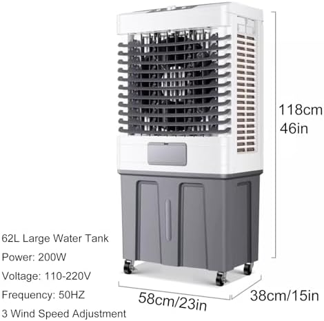 Portable Swamp Coolers, Evaporative Air Cooler, 90° Swing, 62L Large Capacity Water Tank, 3 Wind Speeds, Portable Air Conditioners Air Cooler for Outdoor Indoor Use