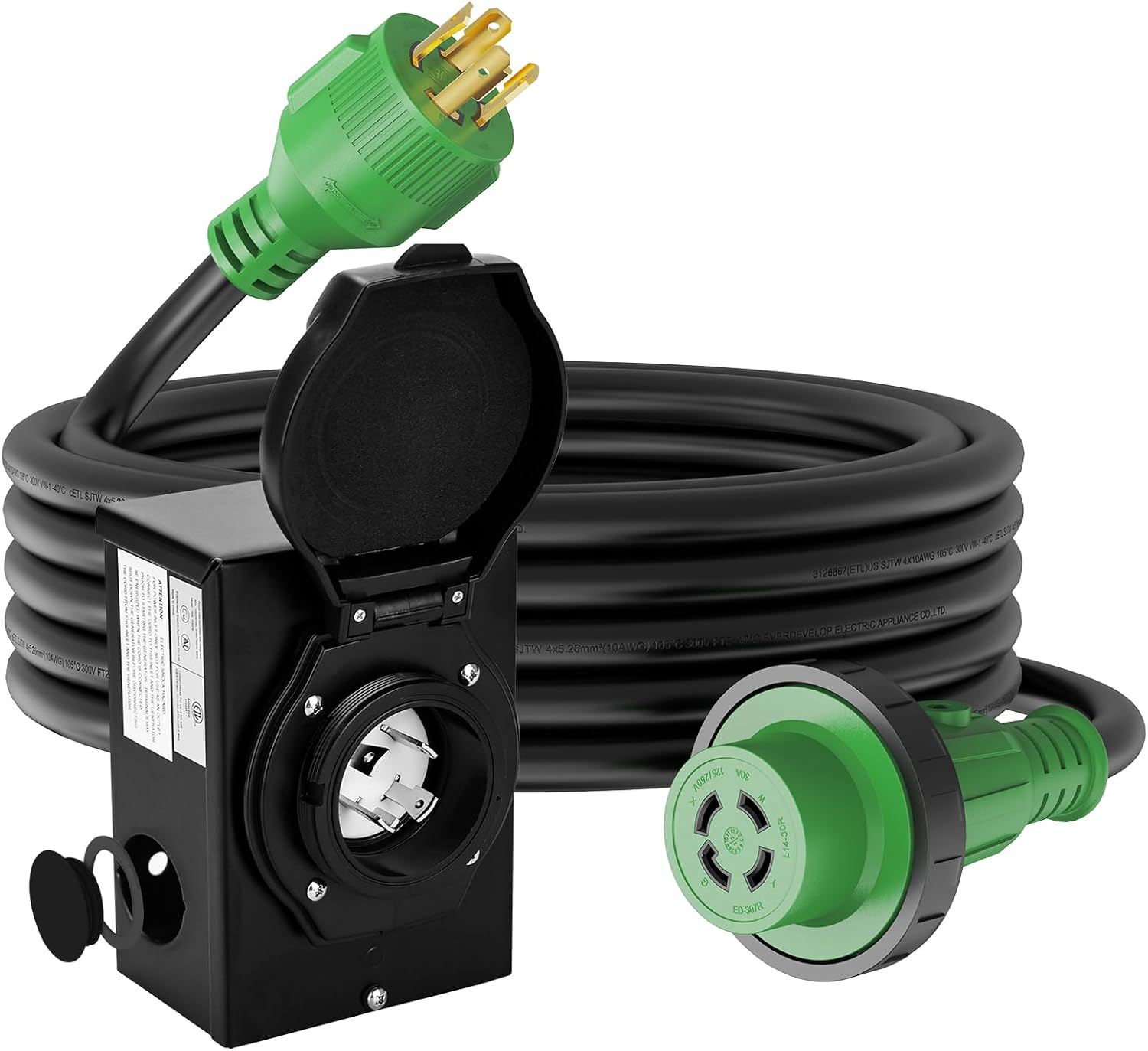 RVGUARD Emergency Power Combo Kit, 40 Foot 30 Amp Generator Cord and Power Inlet Box, NEMA L14-30P to L14-30R Generator Cord with NEMA L14-30P Pre-Drilled Generator Inlet Box, ETL Listed