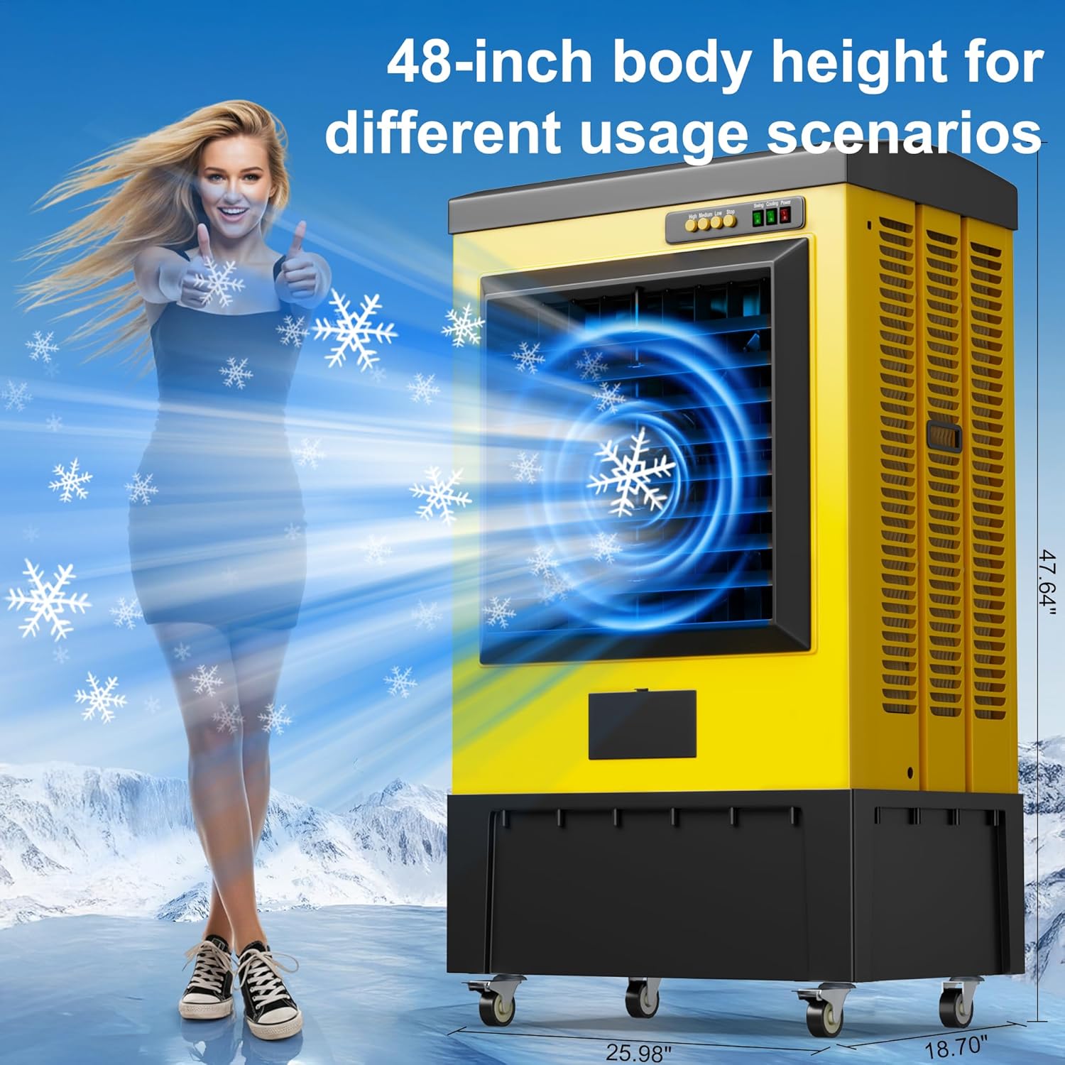 Swamp Cooler,6500 CFM Evaporative Air Cooler,19 Gal Water Tank Outdoor Air Conditioner,3 Speed,Suitable for Indoor & Outdoor Garage,Patio,courtyard,factory workshop,50inch,Yellow