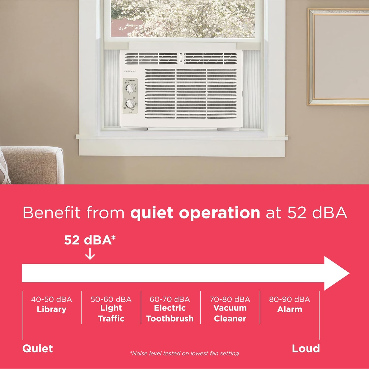 Frigidaire 5,000 BTU Window-Mounted Air Conditioner, Cools Up to 150 Sq. Ft., Quiet Operation, Effortless Temperature Control, 2 Fan Speeds, Auto Restart, White