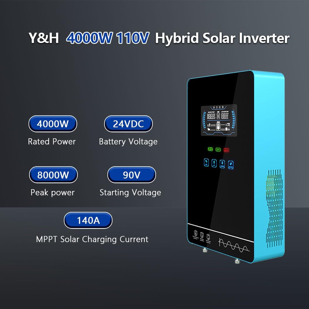 Y&H 4000W Solar Hybrid Inverter DC24V 120VAC Pure Sine Wave Output Battery-Free Starting, Built-in 140A MPPT Charger, 6.25