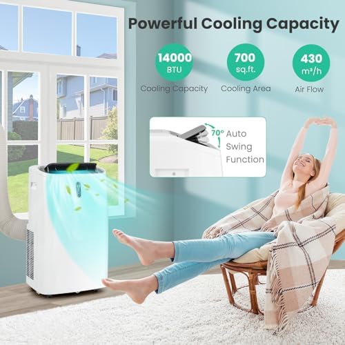 KOTEK WiFi Enabled Portable Air Conditioners with Heat, up to 700 Sq.Ft, Work with Alexa, 14000 BTU 4-in-1 AC Unit for Bedroom w/Window Kit, Room Air Conditioner Portable for Home Office (14000 BTU)