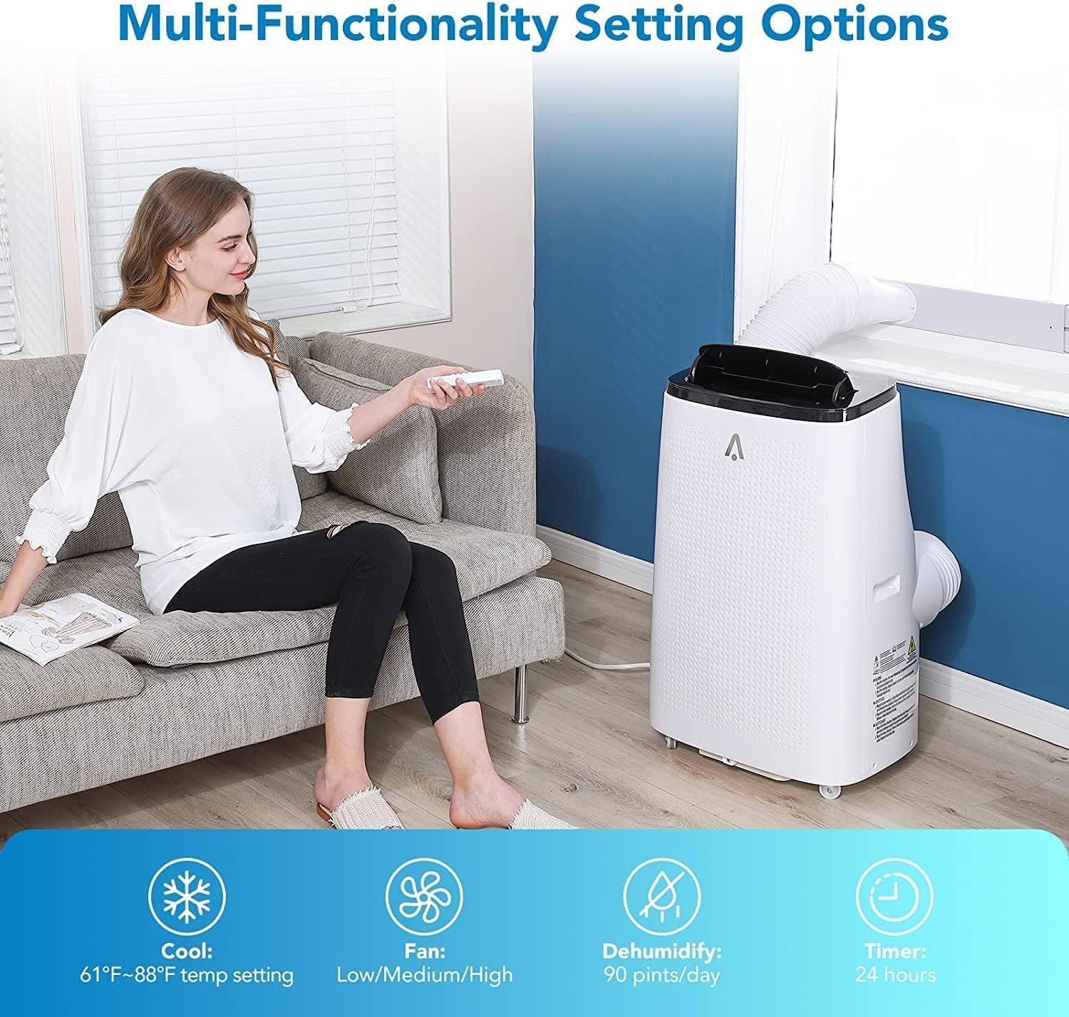 Portable Air Conditioners, 14000 BTU AC Unit With Cool, Fan and Dry Functions 24Hrs Timer, Easy-Move Wheels, Window Ventilation Kit for Bedroom Living Room