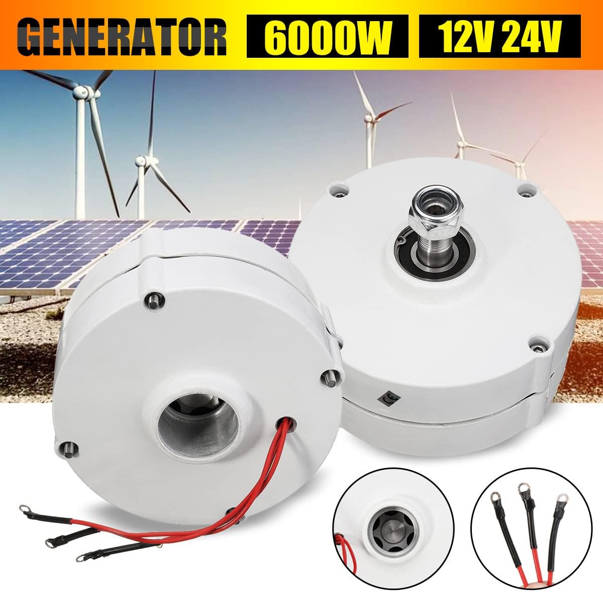 Wind Turbine, Wind Turbine Generator Motor 6000W 12V 24V 3 Phase Gearless Permanent Magnet AC Alternator for Wind Water Turbine Diesel Engine(24V)