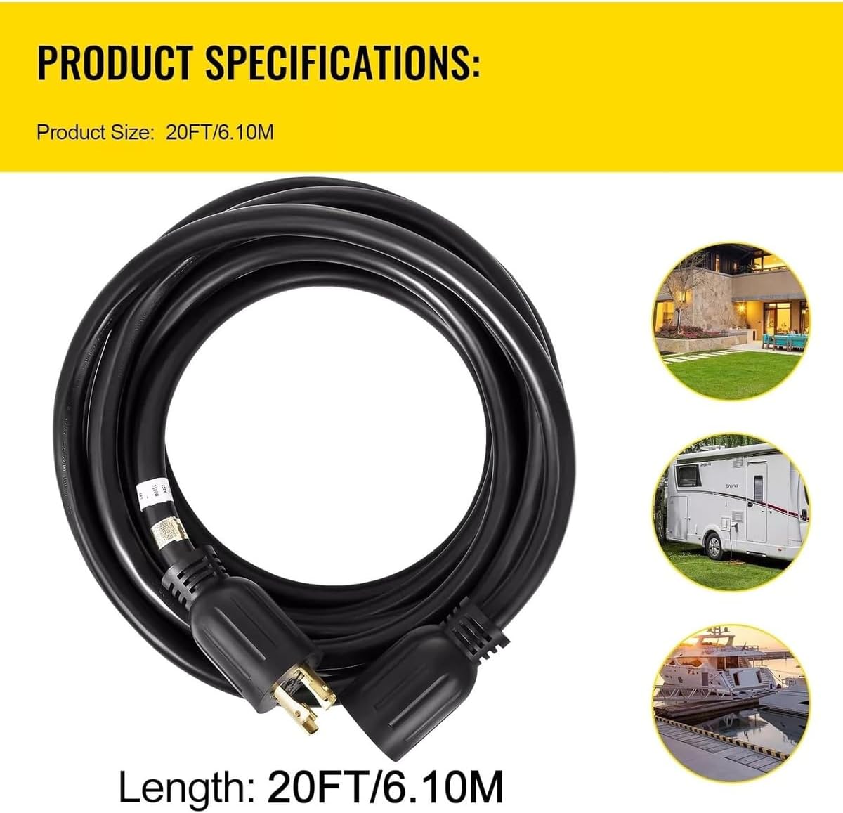 Generator Extension Cord 20Ft Power Cable 30A Adapter Plug Copper Wire, Replacement for VEVOR OEM, BLACK