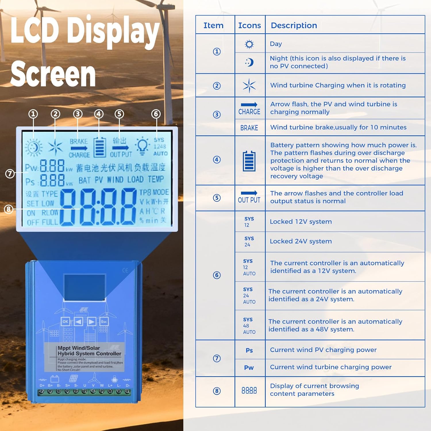 1000W Wind/Solar Hybrid System Controller Solar Wind Controller Solar Wind Power Controller Solar and Wind Charge Controller 1000W-24/48VAuto
