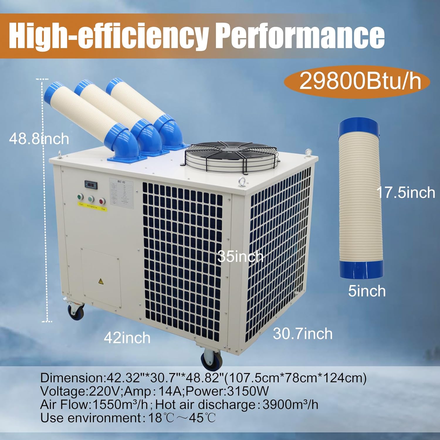 29800Btu/h Industrial Air Conditioner Spot Cooler Portable Commercial Mobile Spot AC 3150W 220V Three Column