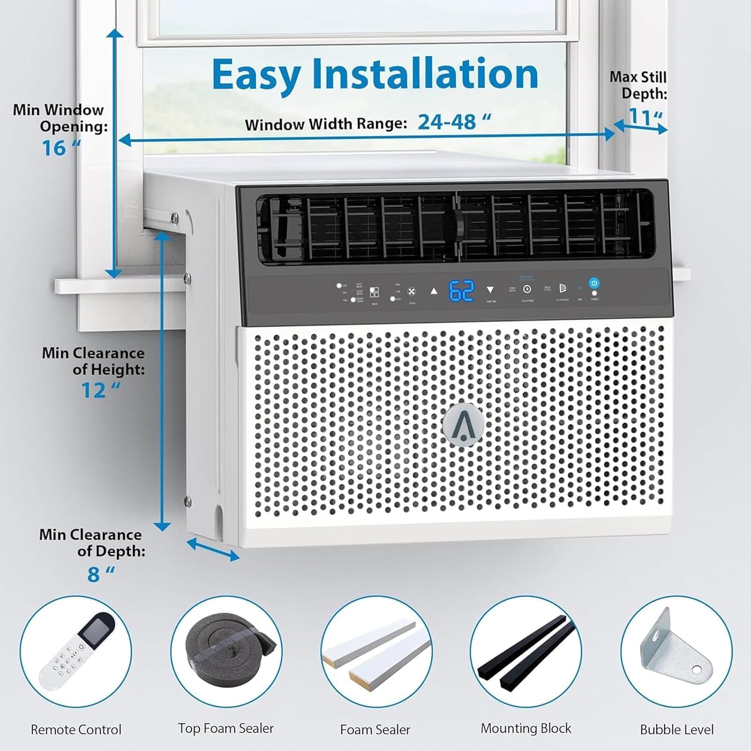 U-Shaped Window Air Conditioner, 8,000 BTU Portable Air Conditioners with Remote Control, Washable Filter, Ultra Quiet, Energy Efficient, Cools Up to 370 Sq Ft, White
