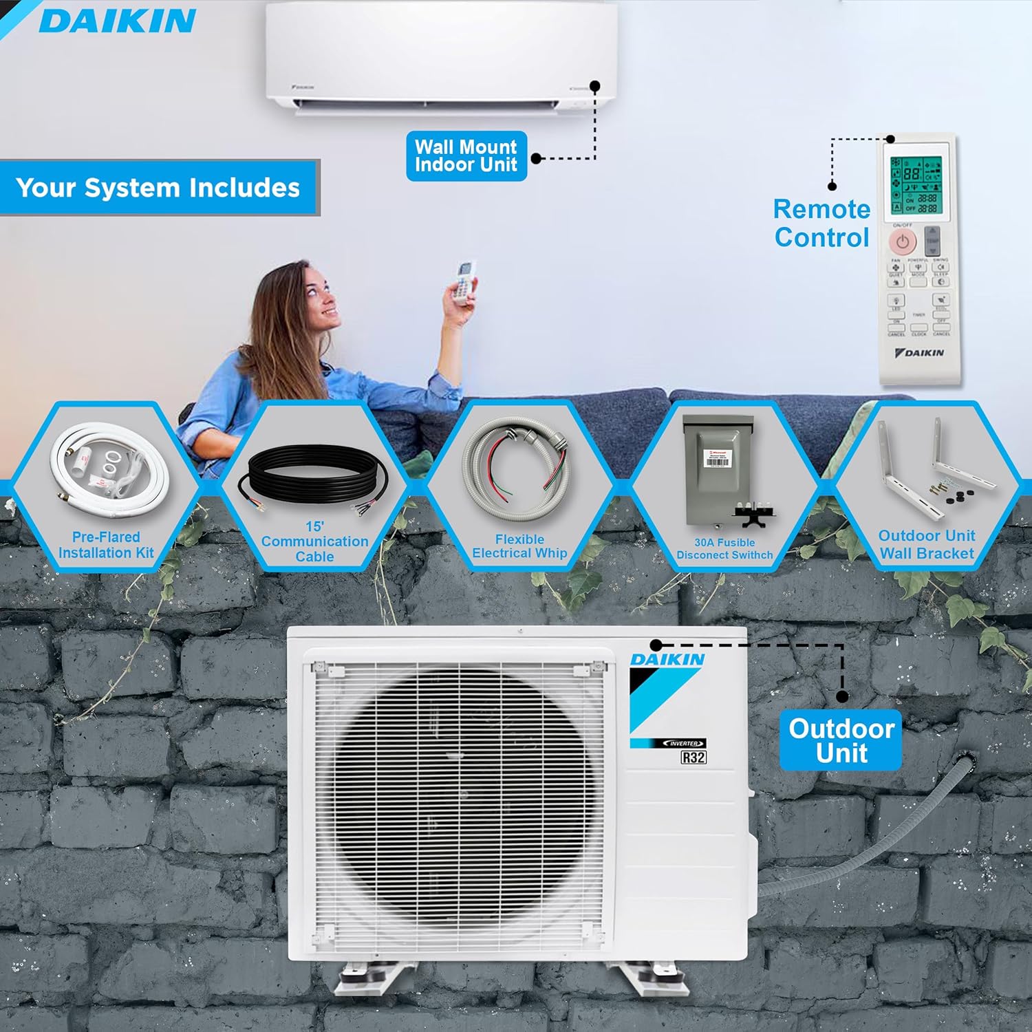 Daikin 12,000 Btu 18 SEER2 Ductless Mini-Split Wall Mount Heat Pump Air Conditioner - R32 w/Installation Kit, 1/2 Whip, 30A Disconnect, and Wall Bracket