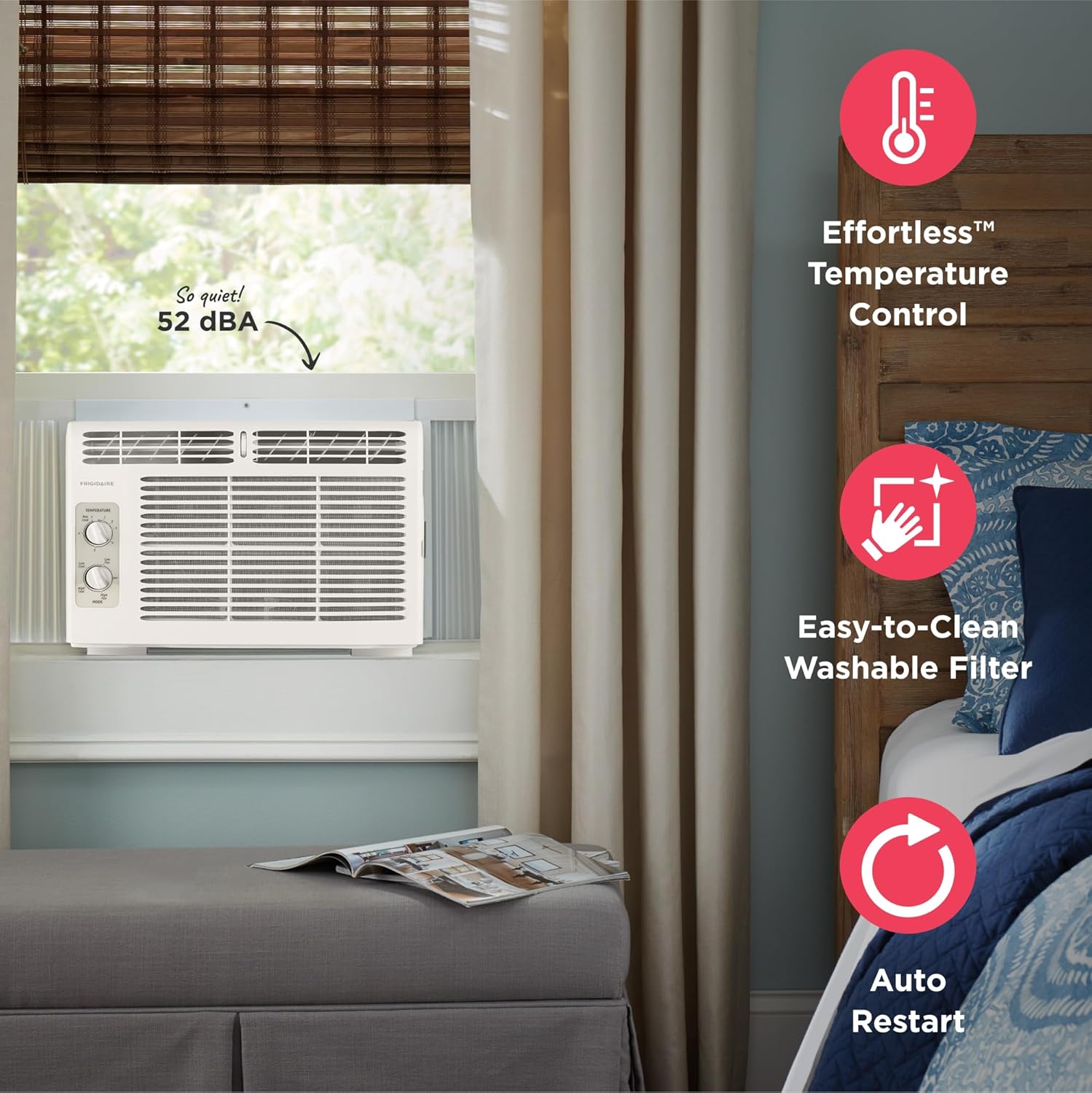Frigidaire 5,000 BTU Window-Mounted Air Conditioner, Cools Up to 150 Sq. Ft., Quiet Operation, Effortless Temperature Control, 2 Fan Speeds, Auto Restart, White