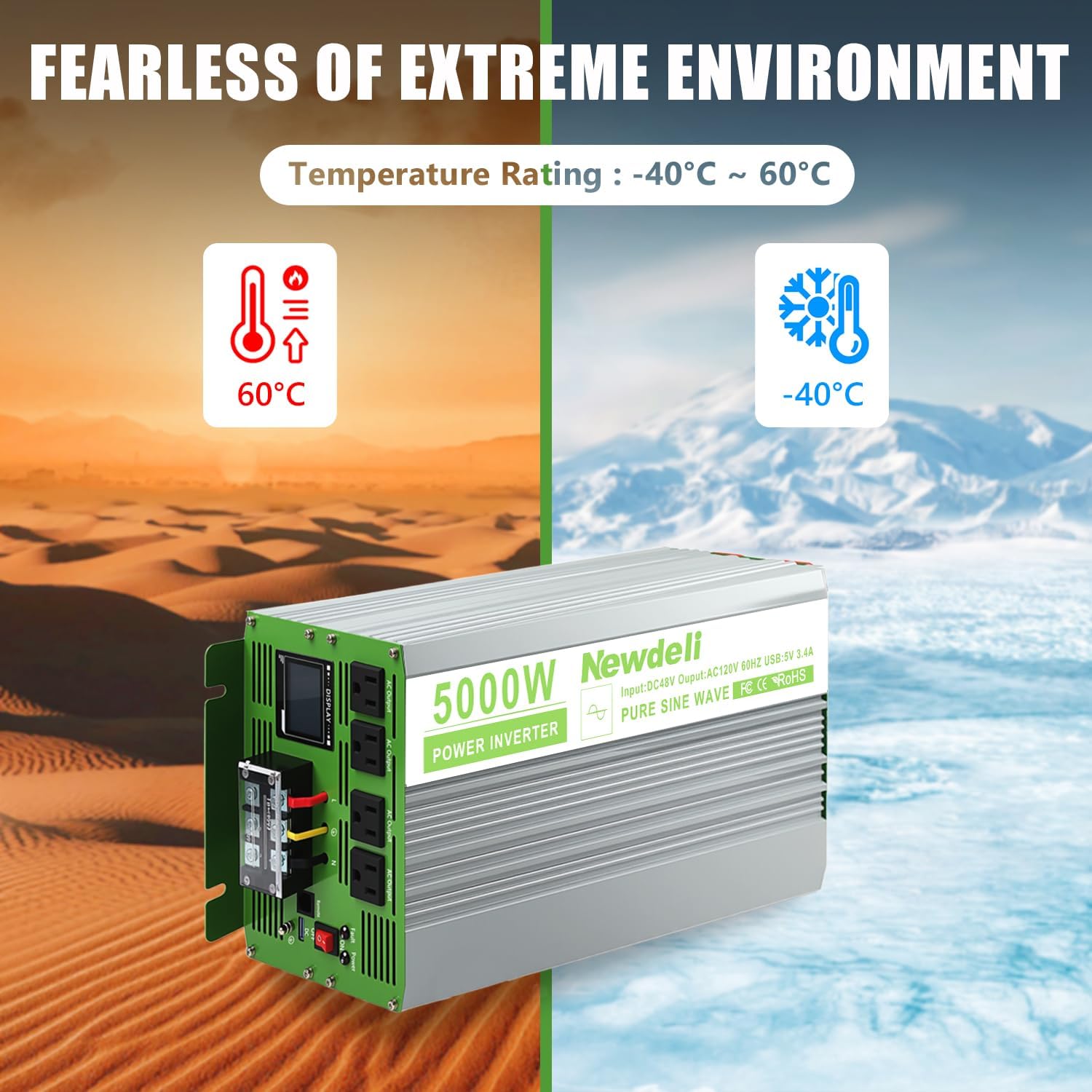 Newdeli 5000 Watt Pure Sine Wave Power Inverter 48V DC to 110/120V AC Converter with 4 AC Outlets, 3.4A USB, LCD Display, Remote Controller for Vehicle, Solar, Heavy Duty, RV, Truck, Off Grid, Camping