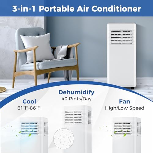 DORTALA Portable Air Conditioner 8000 BTU, 3 in 1 Quiet Floor Standing AC Unit with Fan & Dehumidifier, Sleep Mode, 24H Timer, Remote Control & Installation Kit for Room up to 250 Sq.Ft