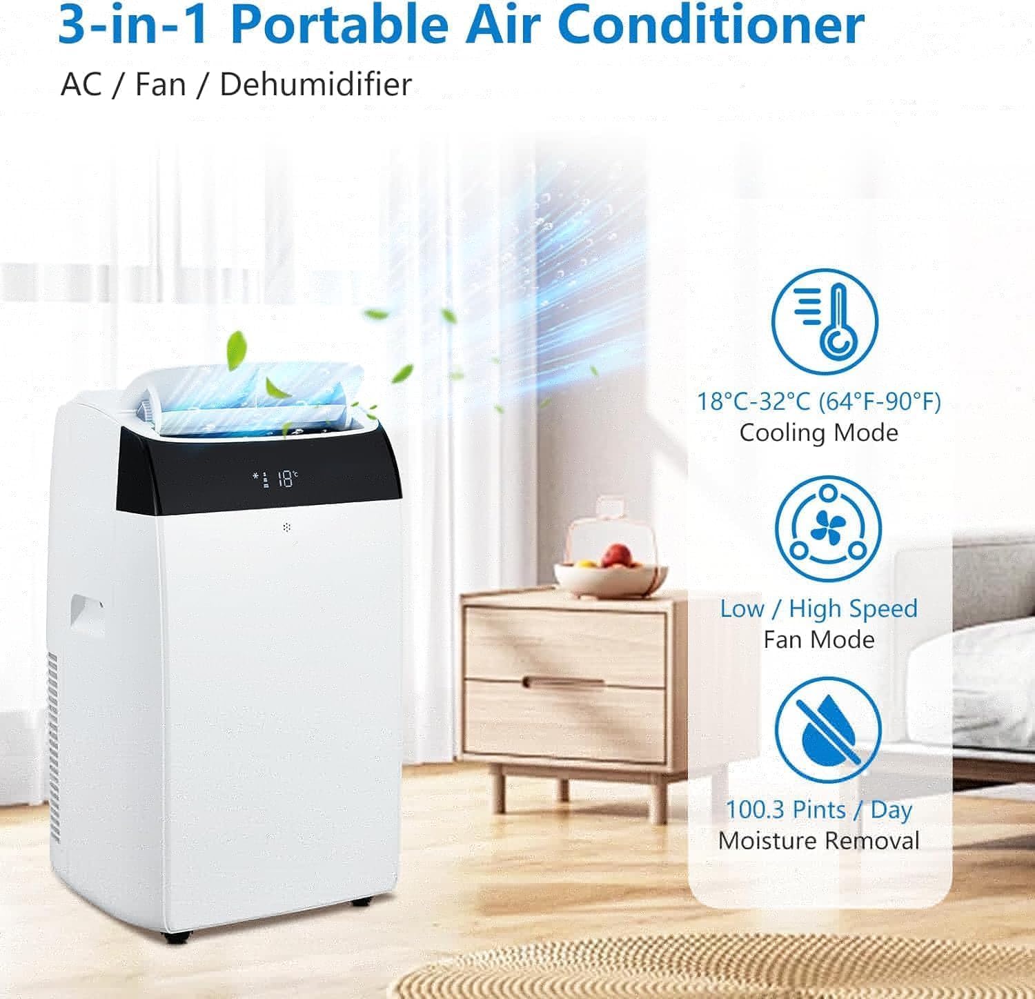 14,000 BTU Portable Air Conditioner,Cooling up to 750 sq.ft. 3-in-1 Cool, Fan and Dehumidifier Modes. Quiet AC Unit with Remote Control, LCD Display and 24-hour Timer for Rooms and Offices.