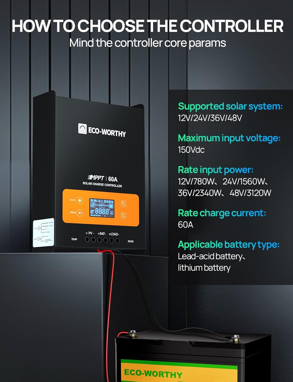 ECO-WORTHY 60A MPPT Solar Charge Controller with Bluetooth&WiFi, Max PV Input 150V,12/24/36/48V Solar Panel Regulator for Lead-Acid/Lifepo4 Battery in Solar System RV