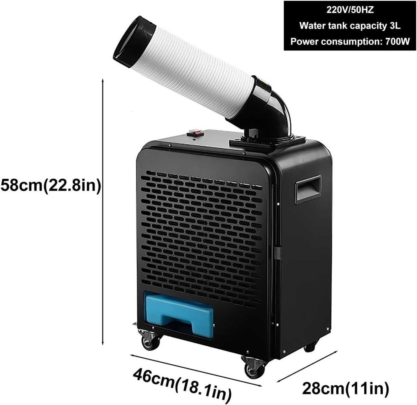 Industrial Portable Spot Air Conditioner – Mobile Commercial Cooling Unit with Water Tank, 220V, Adjustable Air Ducts for Outdoor Events, Factory, Workshop(58cm)