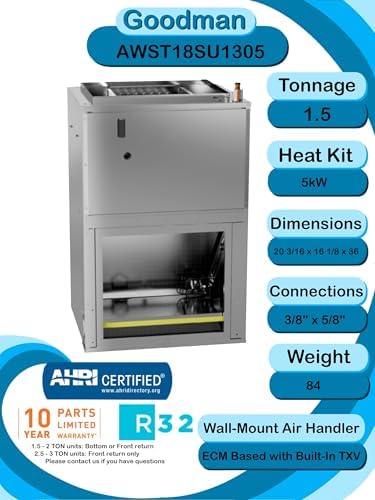 Goodman 1.5 TON 14.3 SEER2 R-32 AC Only System and Front or bottom return air handler with 5kW heat kit (GLXS4BA1810 condenser and AWST18SU1305 air handler)