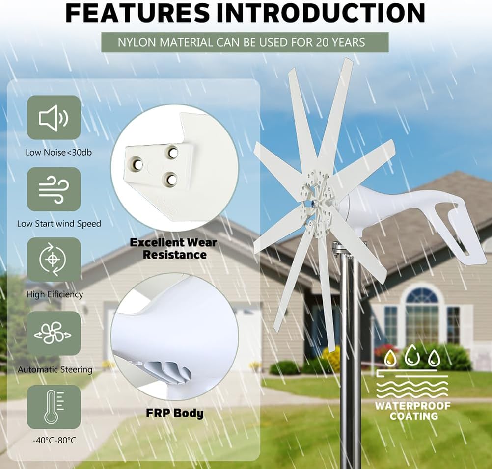 48v,1000W-3000W Horizontal Wind Turbine Generator, Low Speed Power Generator 48V 220V Wind Turbine with Inverter Homeuse for Cabins Or Home