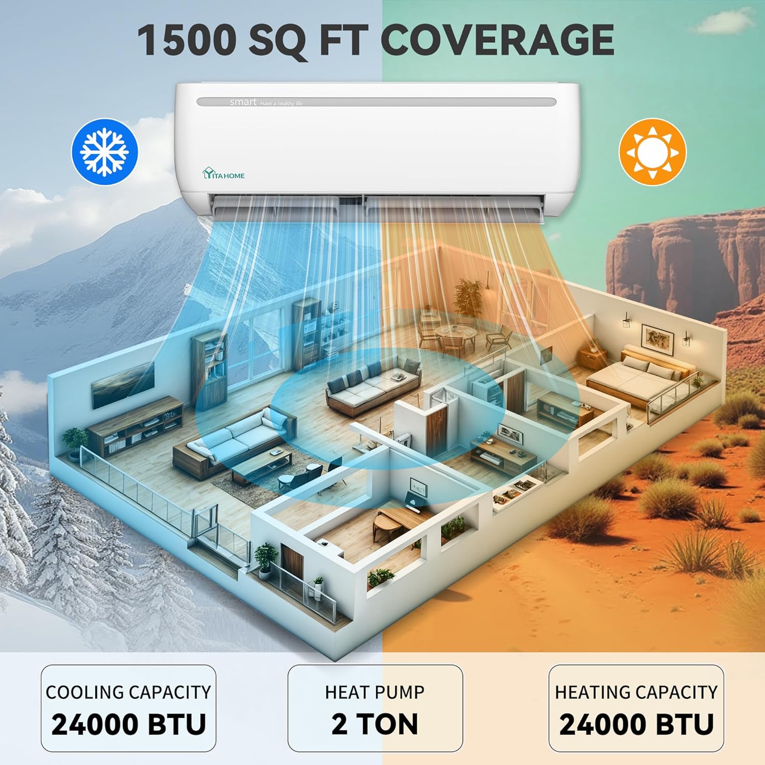 YITAHOME 24000 BTU Mini Split Air Conditioner Heat Pump System, 18.5 SEER2 208-230V Ductless Inverter System compatible with Wi-Fi & Alexa, Cover Up to 1500 Sq. Ft, Complete Installation Kit Included