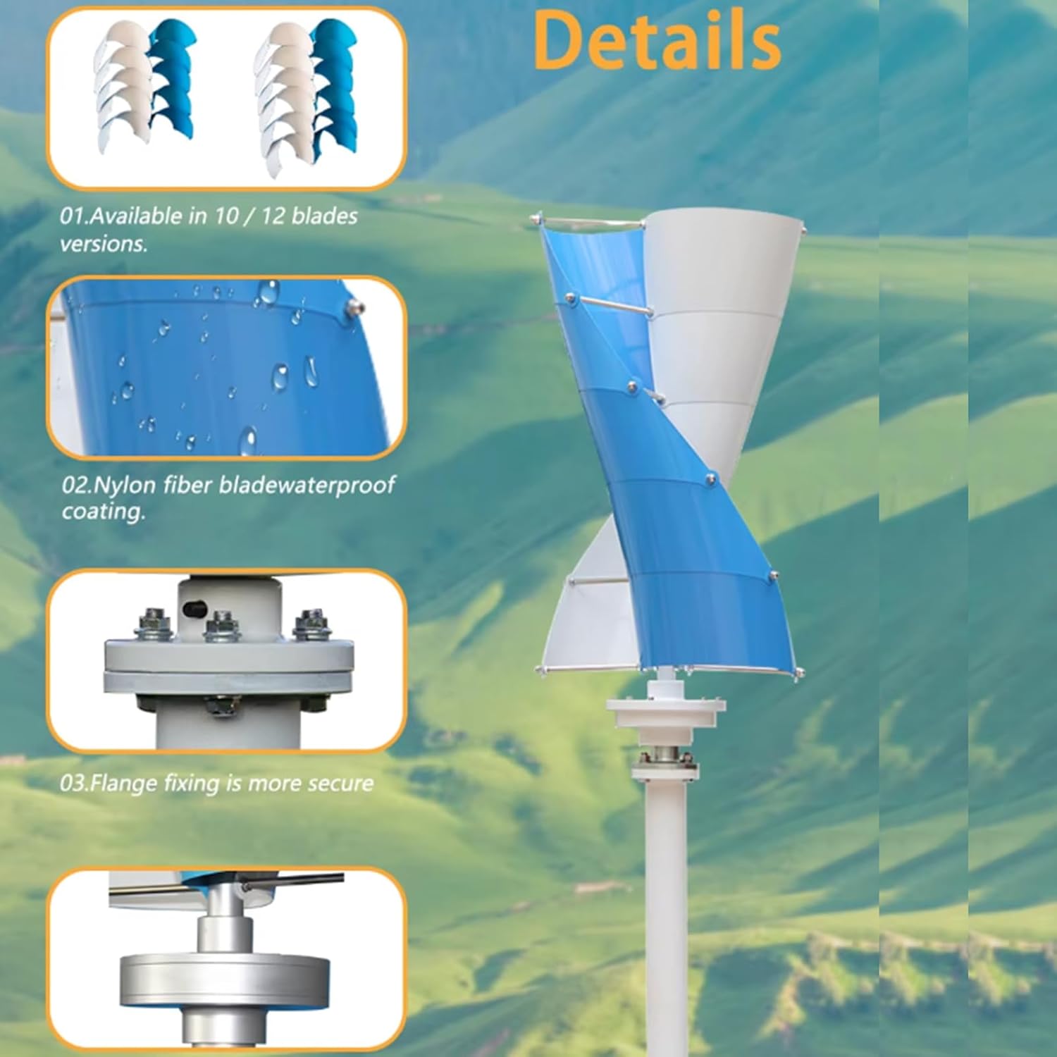 220V-12V 10 Blade Spiral Wind Turbine Generators Kit, 1200W Magnetic Levitation Wind Turbine Generator Vertical Noise Free Suitable for Wind and Solar Systems