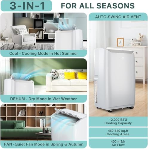 12000 BTU Portable Air Conditioner, 3-In-1 Cool, Fan, Dehumidify Modes, Cools up to 550 Sq. Ft, Quiet AC Unit with LED Display, with Remote Control, Window Installation Kit, 24 H Timer for Room, Dorm