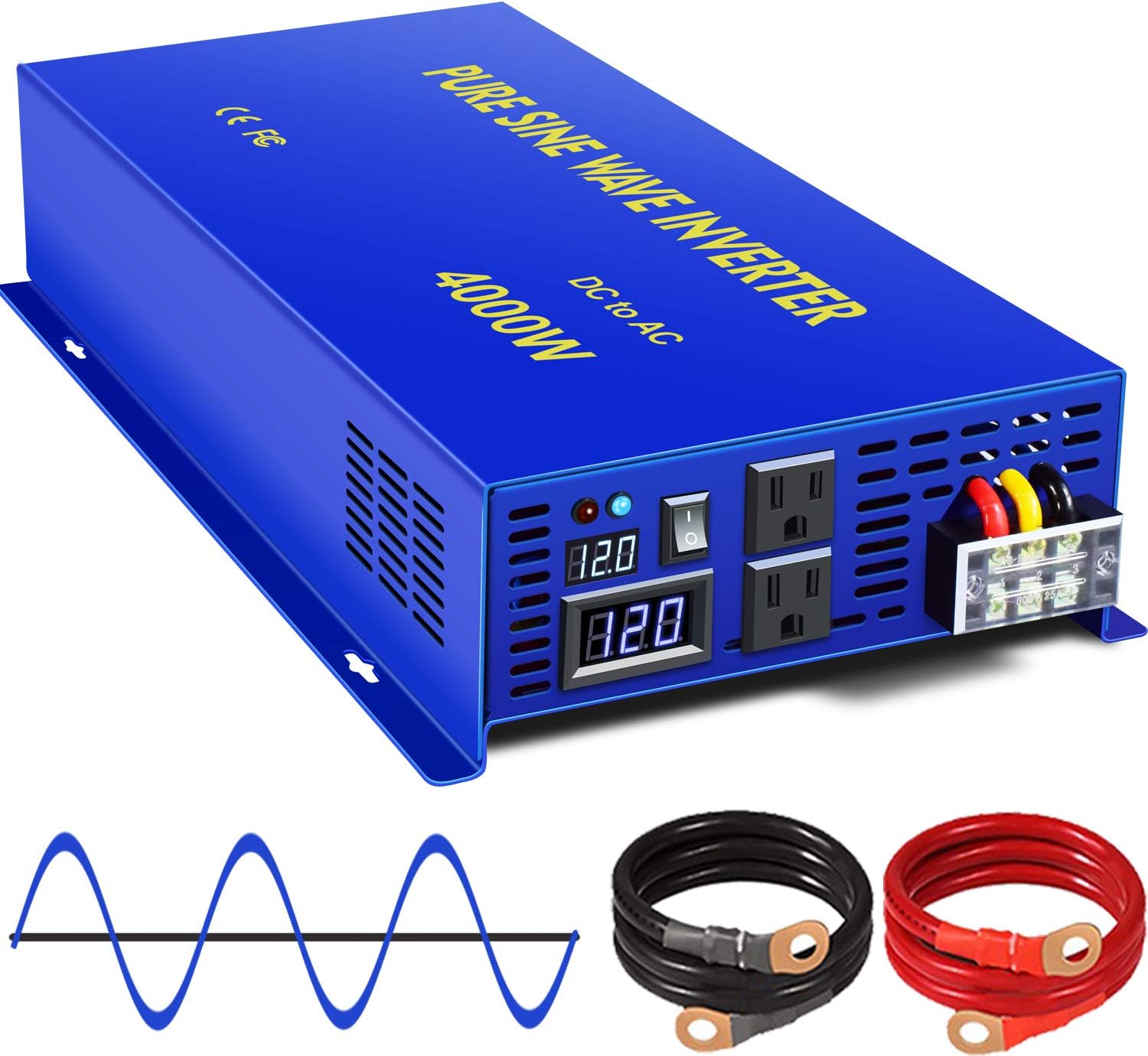 4000 Watt Pure Sine Wave Inverter 12V DC to 120V AC, 4000W Power Inverter Surge 8000W Power Converter for Solar System, RV, Car, Truck (4000W 12V 120V Blue