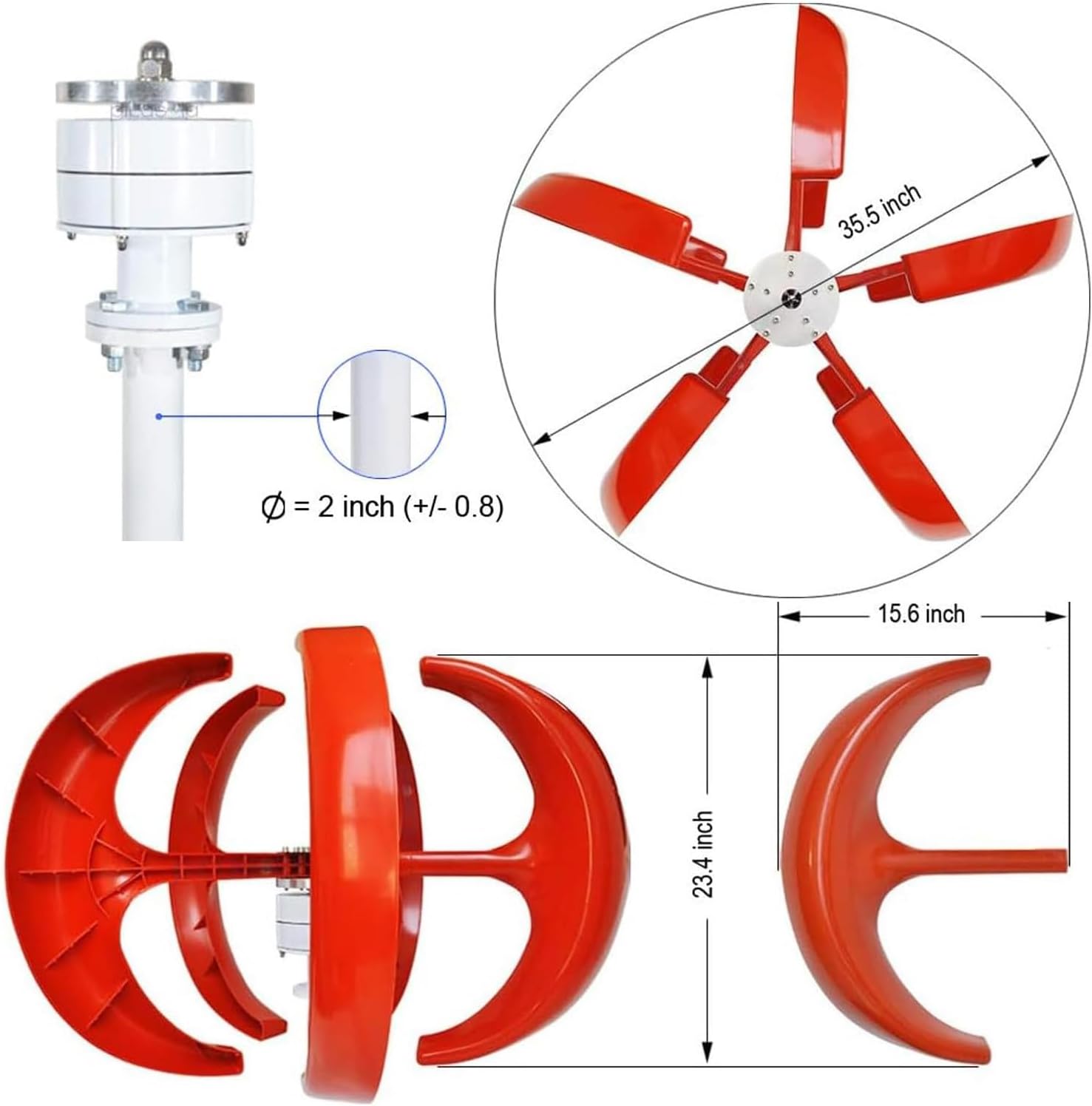 1200W Wind Turbine Generator, 3 Phase AC Permanent Magnet Generator,12V/24V/48V/110V/220V 5 Blades Vertical Wind Turbine Kit Low Wind Speed Starting w/Controller for Home,Boat,Motor Home,Red12V