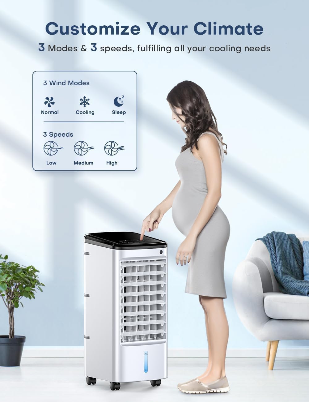Windowless Air Conditioner with 6 Ice Packs, 3 Modes & 3 Speeds Swamp Cooler Air Conditioner, 12H Timer, 4L Tank for 24H Cooling, Remote, Dual Tank Portable Air Conditioners No Windows Needed