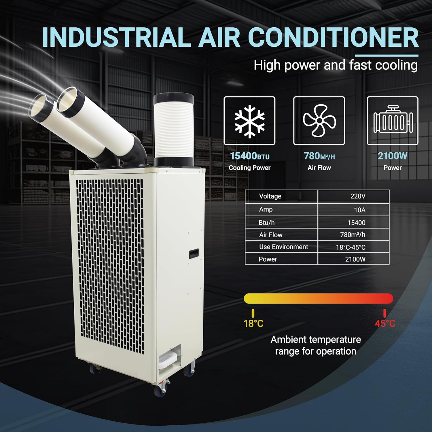 15400BTU/H Industrial Spot Cooler Air Conditioner Industrial Air Conditioner with 2.1Gal Water Tank Portable Mobile Spot Cooler Double Ducts 2.1KW 220V Beige