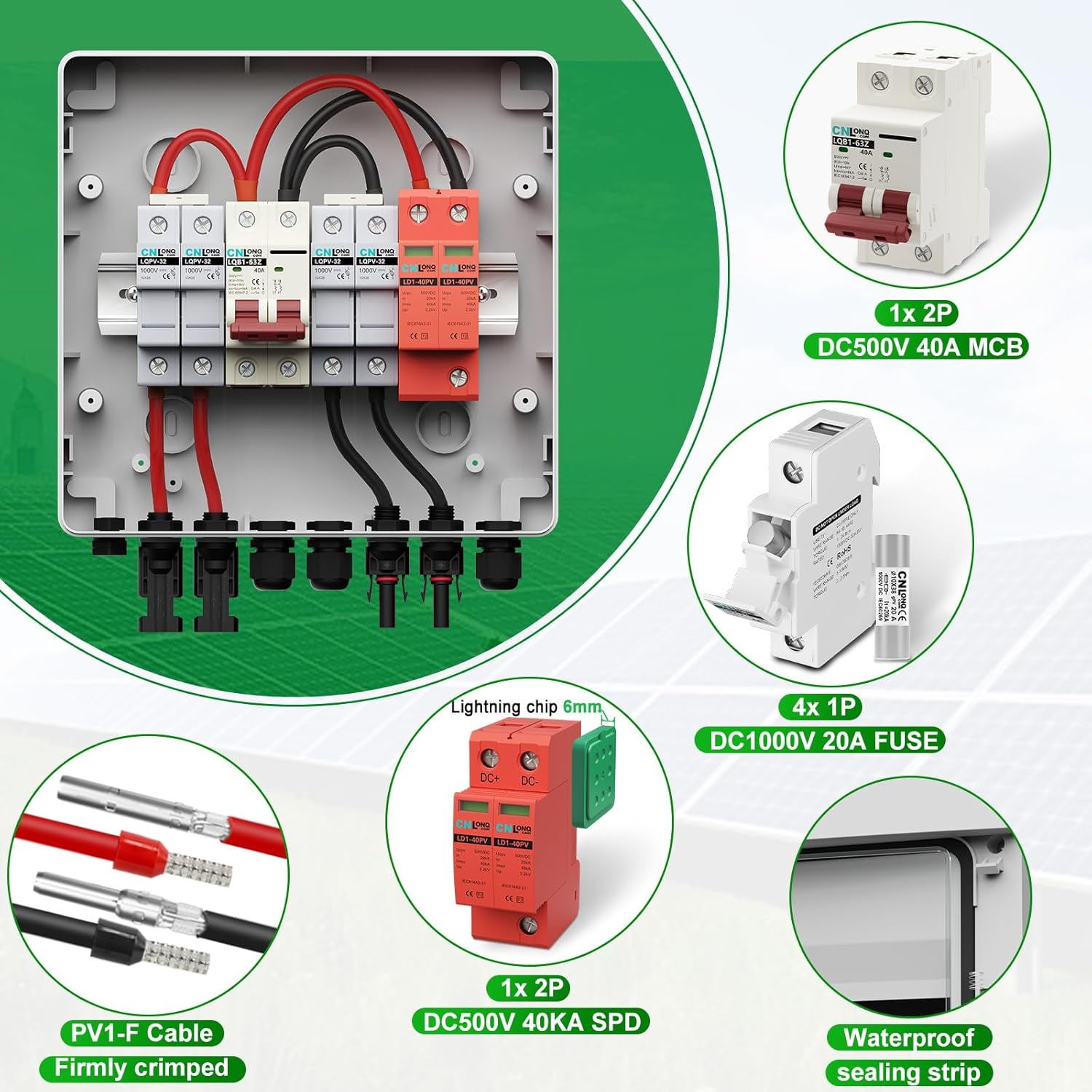 2 String Solar PV Combiner Box IP65 2 in 1 Out DC500V 40A Circuit Breaker & 10pcs Fuse Link 10A 1000V DC with Surge Protector and 20A PV Fuse,Solar Disconnect Switch Outdoor Waterproof for Solar Panel