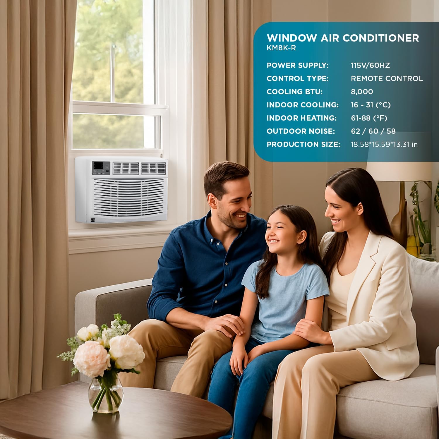 Kenmore KM12K-R 12,000 BTU Window Air Conditioner for Large Rooms up to 550 Sq. Ft. – Quiet Cooling, Remote Control, Digital Display, 3 Fan Speeds, Easy Install, Washable Filter, Energy Efficient