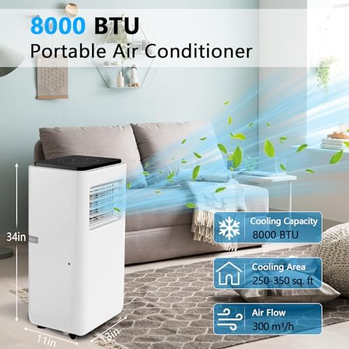 8000 BTU Portable Air Conditioner, 3-in-1 Floor AC with Cooling, Dehumidifier & Fan, Remote & Timer, Quiet Operation for Rooms Up to 350 Sq.Ft