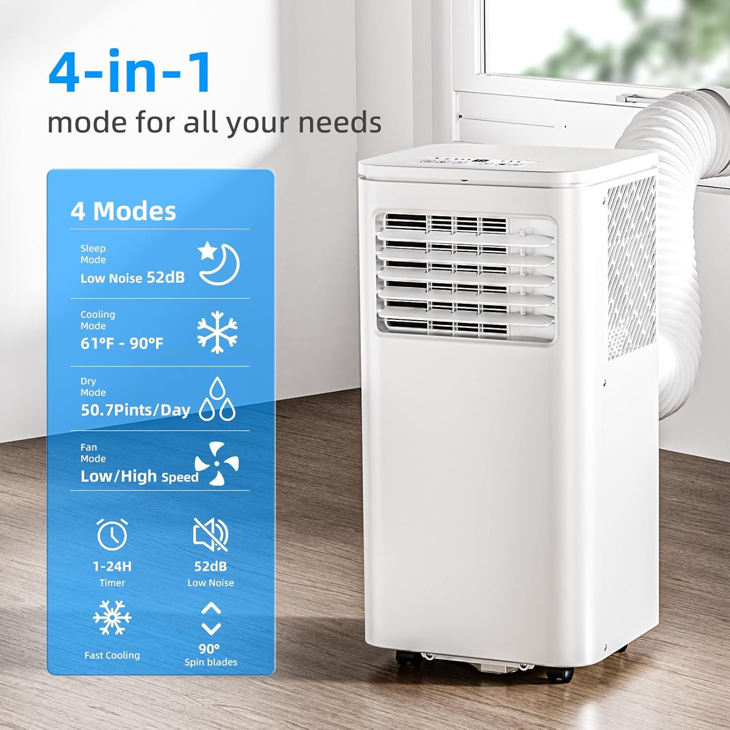 8000 BTU Portable Air Conditioner, 3 in 1 Free Standing Cooling AC Unit with Fan & Dehumidifier & Cools, Sleep Mode, 24H Timer, Windows Sealing Kit for Room