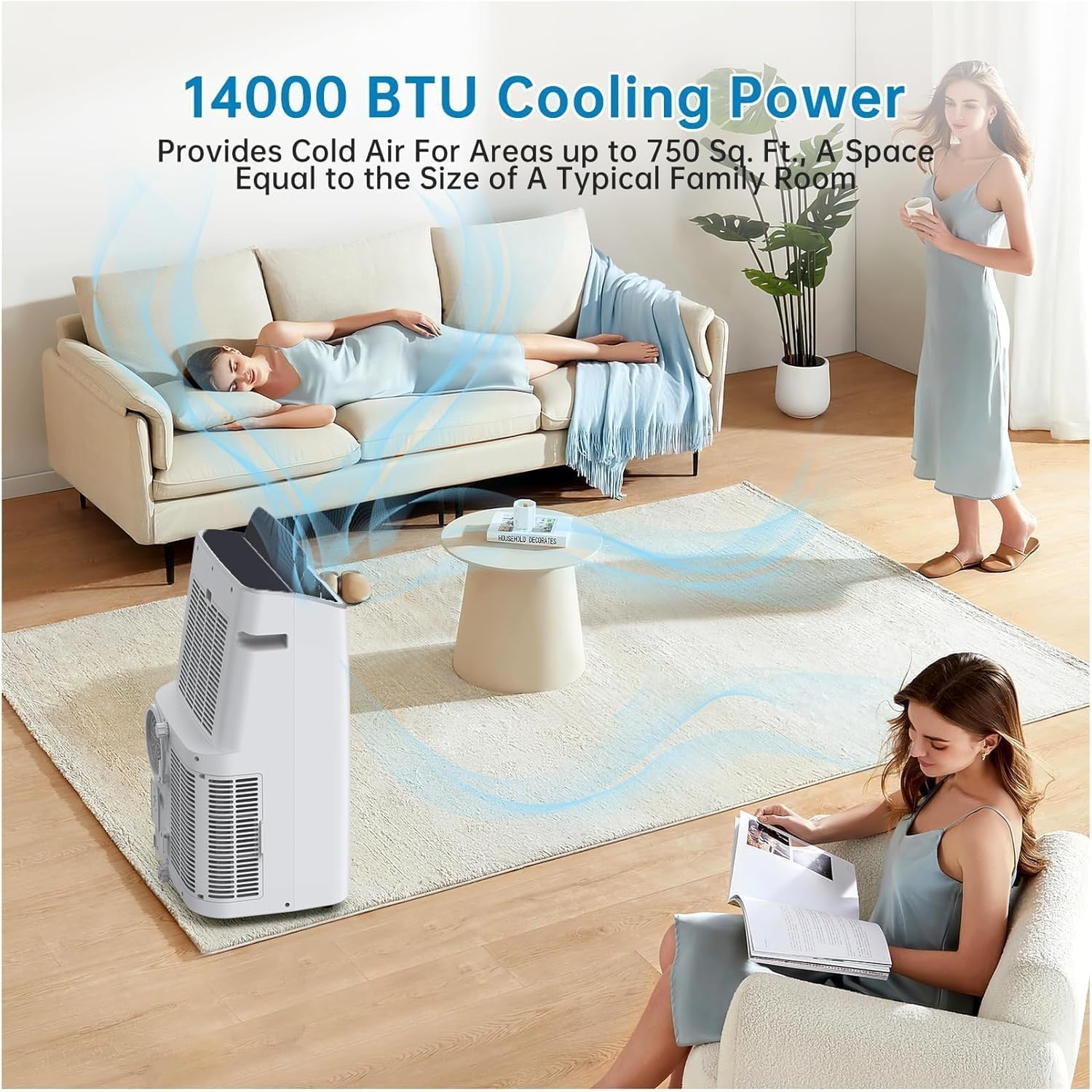 14,000 BTU Air Conditioner Portable 3-IN-1 (Cooling, Dehumidifying, Fan) - Portable AC Units- Cools 750 sq.ft | 90 Pints/Day, 54dB Quiet | Includes Hose & Window Kit, White+Black-A020K