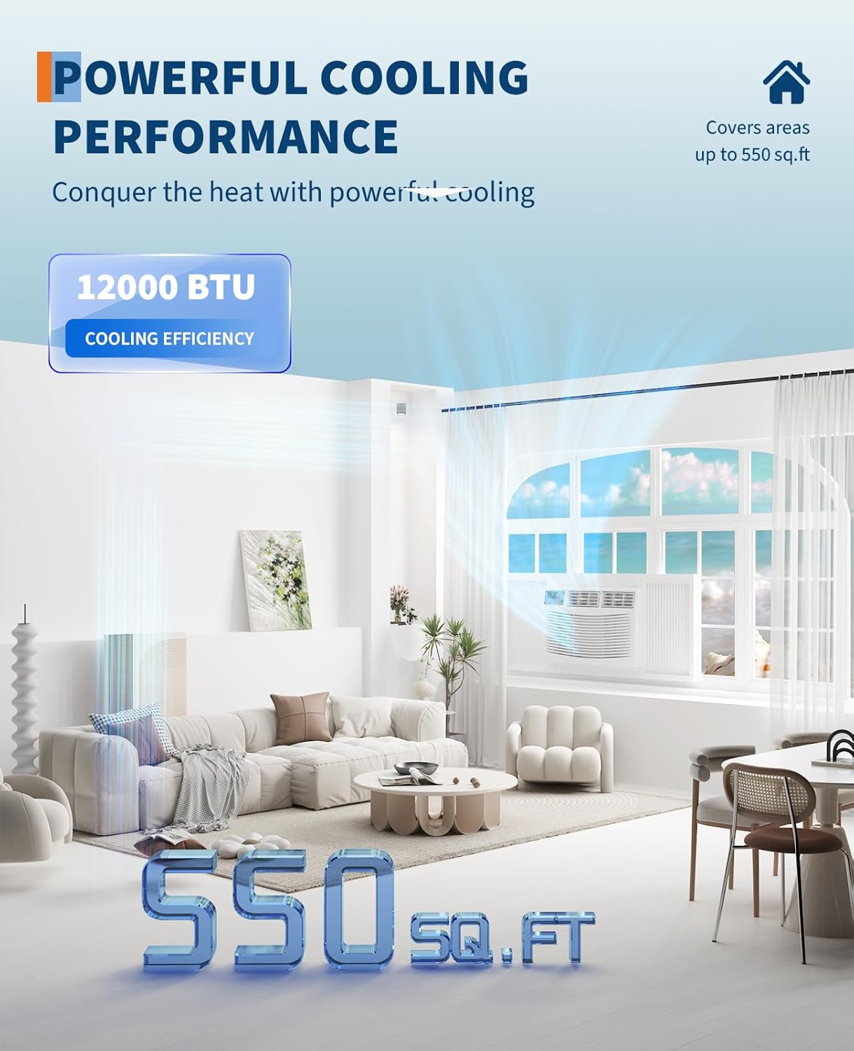 12,000 BTU Window Air Conditioner for Room Up to 550 Sq. Ft, 3 In 1 Quiet Window AC Unit with Cool, Fan, Dry Modes, Smart WIFI Control & Easy Install for Bedrooms, Apartments, Dorms
