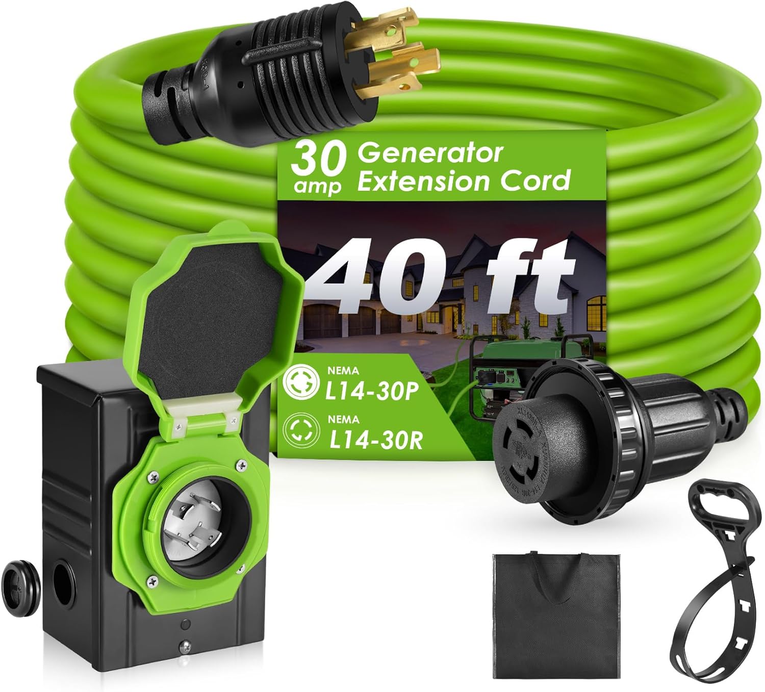 Seeutek 30 Amp Generator Cord - 40 FT 4 Prong Generator Extension Cord with Pre-drilled Power Inlet Box, NEMA L14-30P/L14-30R Functional Waterproof Cable, High Conductivity, ETL Listed