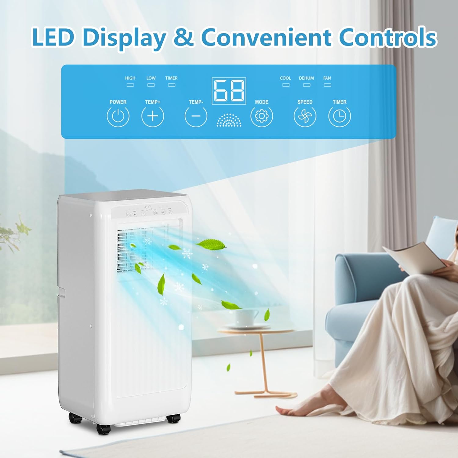 Portable Air Conditioners for Rooms Up to 350 Sq Ft, Cool,Dehumidifier & Fan 3 Modes Air Conditioner, 8000 Btu Portable Ac Units with Remote Control, Wheels, LED for Rooms/Office, White