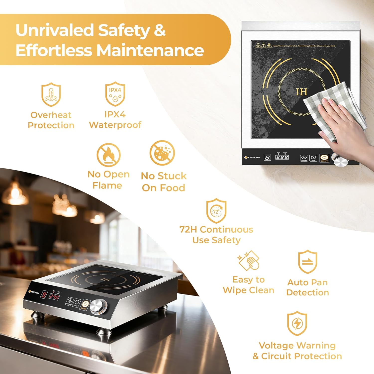 Commercial Induction Cooktop 3500W/220V, Professional Portable Countertop Burner, 9 Power/Temp Levels Dual Cooling Fans IPX4 Waterproof 72H Continuous Use, Overheat Protection