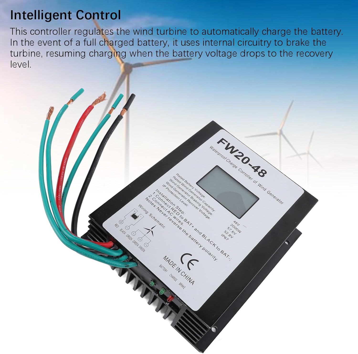 2000W Wind Turbine Controller 48V IP67 Water with LED Display - MPPT Efficiency, Automatic Battery Protection, Ideal for Home Energy Systems