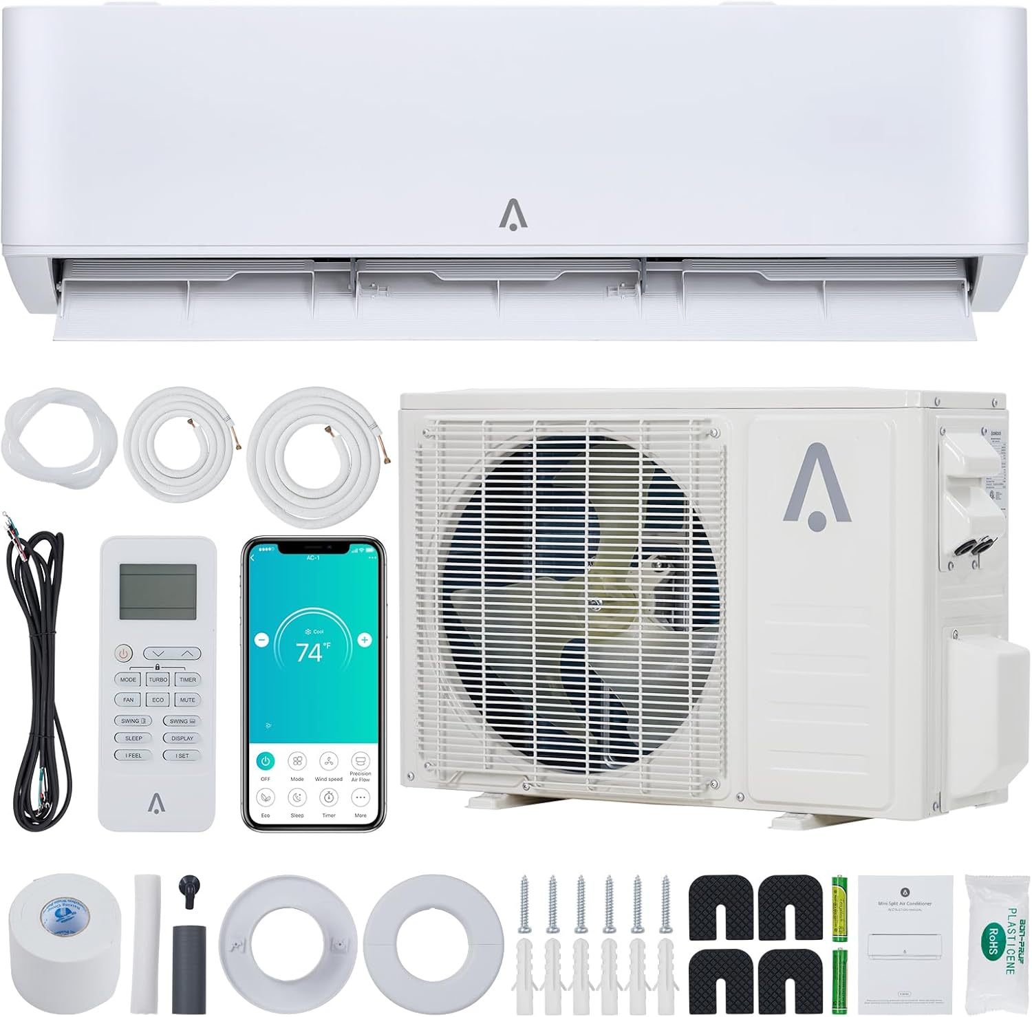 24,000Btu Split Air Conditioner, Mini Split AC/Heating System, WiFi Enabled Mini Split, 23 SEER2, 230V Inverter with Pre-Charged Condenser