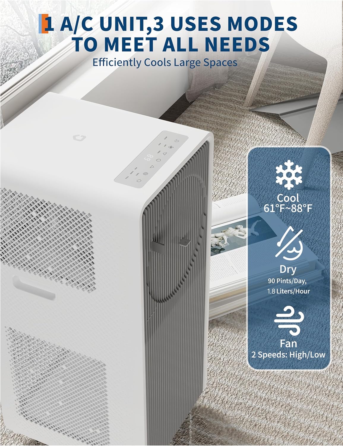 14,000 BTU Drainage-free Portable Air Conditioner for Indoor Rooms, 3 in-1 AC Unit for Bedroom 225-300 Sq.Ft, Dehumidifier, Fan, Sleep Mode, 24 Timer, Remote Control, Window Kits, Grey