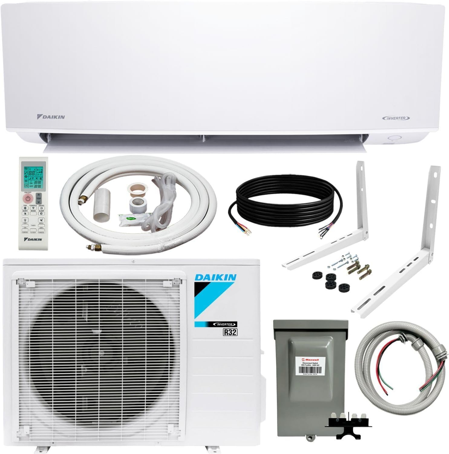 Daikin 24,000 Btu 21 SEER2 Oterra Series Ductless Mini-Split Wall Mount Heat Pump Air Conditioner - R32 w/Installation Kit, 1/2 Whip, 30A Disconnect, and Wall Bracket