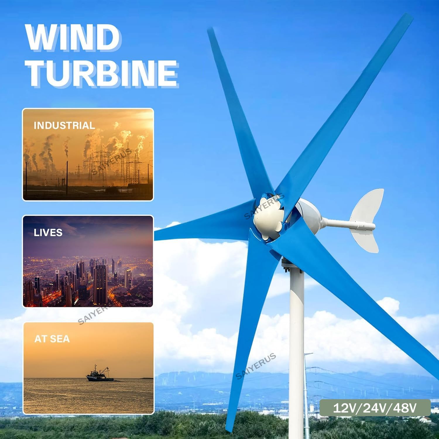12000W Wind Turbine Generator Kit - 12V/24V/48V DC, 5-Blade Auto Windward Adjustment, 3 Phase AC Permanent Magnet with Controller, Efficient Renewable Energy Solution